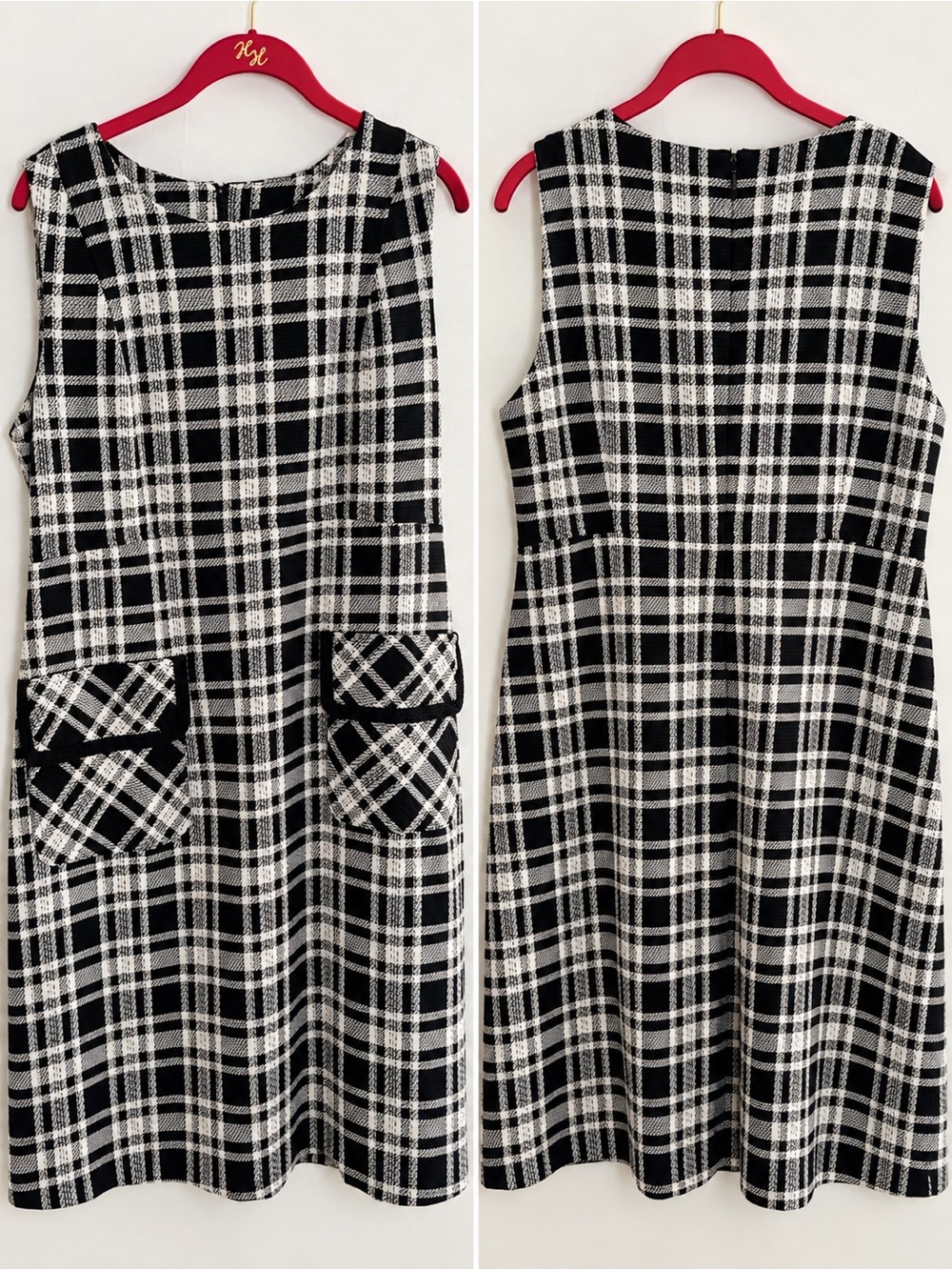 Andrew Marc Black & White Plaid Sleeveless A-Line Dress with Pockets